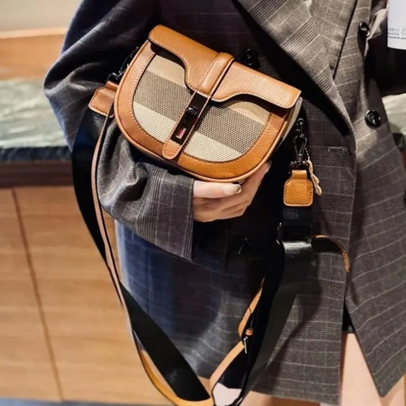 Genuine Leather and Woven Checked Mini Crossbody - Picture 10 of 16